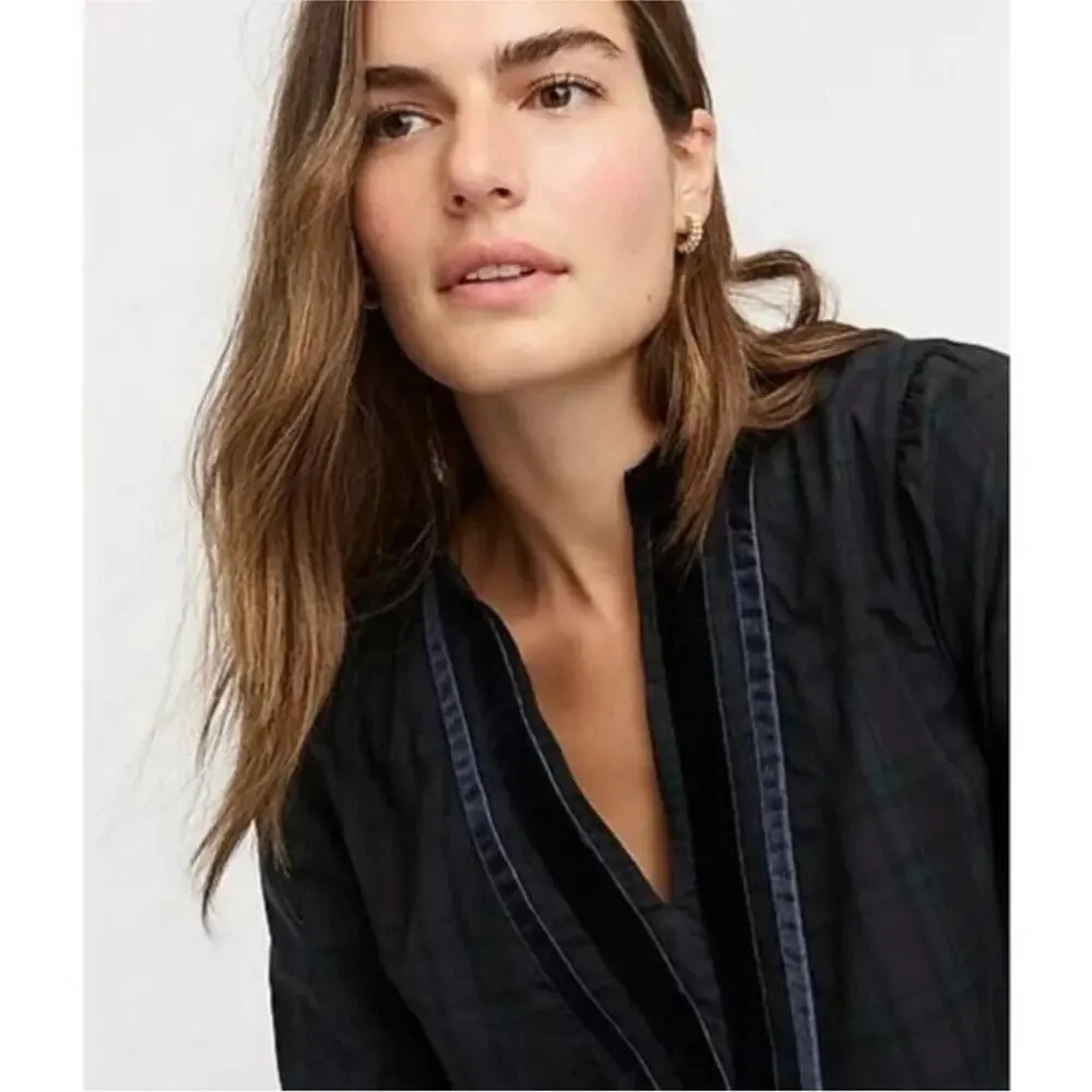 J.Crew Velvet Trimmed V-Neck Tunic in Black Watch Tartan Print Size XXS